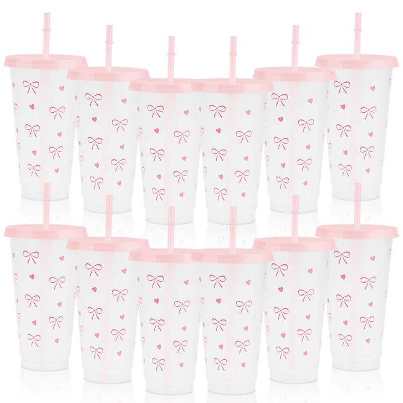 Pinsit 12Pcs 24 oz Pink Bow Plastic Cups with Straw and Lid Reusable Coquette Bow Tie Cold Cups for Wedding Baby Shower Birthday Party Decor - Image 2