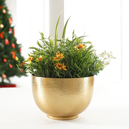 BEHOMA Premium Hammered Aluminium Golden Bowl Planter | Decorative Metal Plant Pot for Home Décor, Living Room, Bedroom & Office | Luxury Indoor Flower Pot/Planter for Plants (Plants Not Included) - Image 1