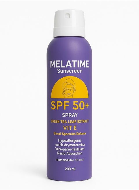 Melatime Sunscreen Spray SPF 50+ – Green Tea Extract & Vitamin E – Broad Spectrum Protection – 200 ml