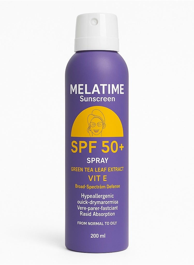 ميلاتايم بخاخ واقي شمس ميلاتايم SPF 50+ بحماية عالية - مستخلص الشاي الأخضر وفيتامين E - 200 مل 