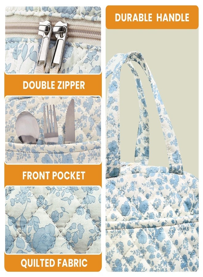 WOBAGMEN Quilted Lunch Box for Women,Lunch Box for Teen Girls,Cute Floral Lunch Bags for Work, School,Office,Picnic,Travel (Cute Blue Floral) - Image 3
