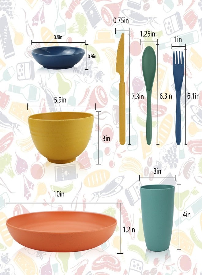 Wrova Wheat straw plates and bowls sets with cutlery - Unbreakable wheat straw dinnerware sets of 28 - Microwave safe plates,bowls,cups for camping,kitchen,new apartment.Colorful - Image 2