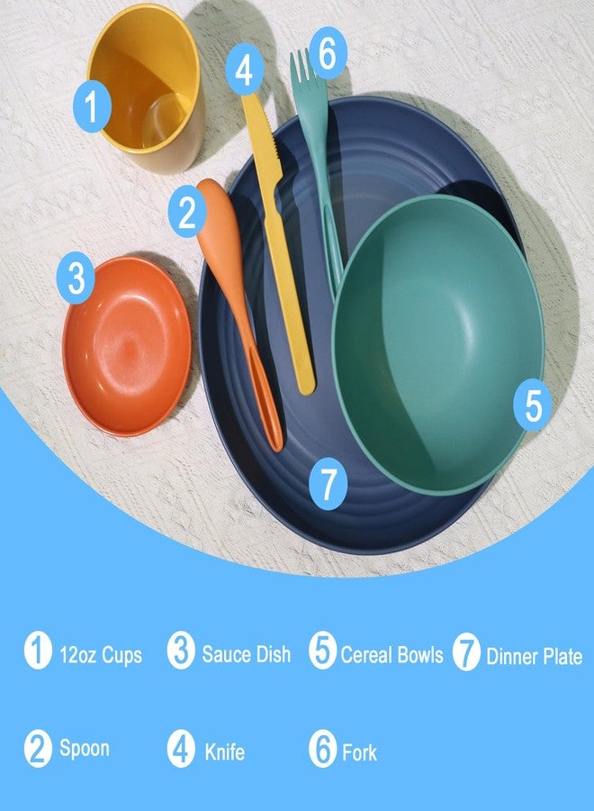Wrova Wheat straw plates and bowls sets with cutlery - Unbreakable wheat straw dinnerware sets of 28 - Microwave safe plates,bowls,cups for camping,kitchen,new apartment.Colorful - Image 3