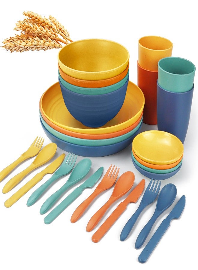 Wrova Wheat straw plates and bowls sets with cutlery - Unbreakable wheat straw dinnerware sets of 28 - Microwave safe plates,bowls,cups for camping,kitchen,new apartment.Colorful - Image 1