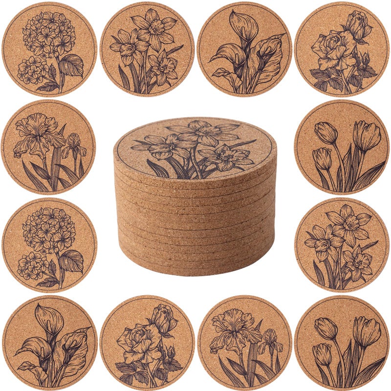 STARUBY Coasters for Drinks 12 pcs Absorbent Cork Coasters with Flower Coaster for Coffee Table Housewarming Gifts for New Home Present for Friends, Living Room Decor, Apartment Decor - Image 1