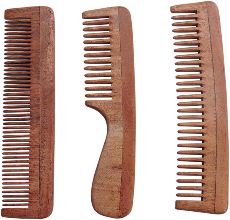 Neem Wood Comb Set of 3 with Zipper Pouch Fine Tooth Wide Tooth Handle Comb Natural Wooden Combs for Hair Scalp Health Value Saver Pack