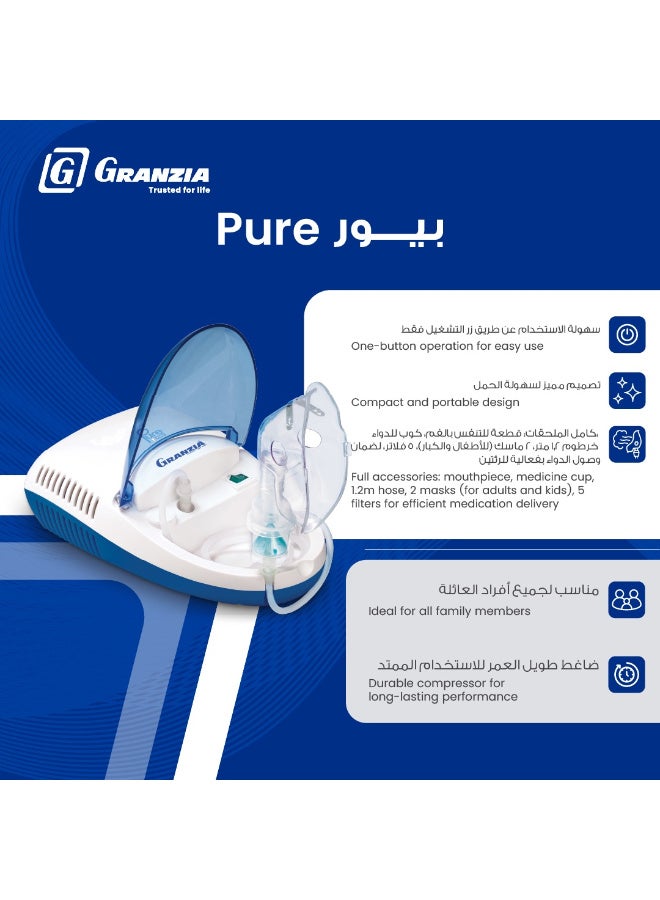 Granzia Pure Compressor Nebulizer Steam Inhaler Machine for Adults & Kids With Medicine Cup, Adult & Child Masks Quiet Portable Device for Asthma, Cold,Sinus & Allergy Relief - Image 2