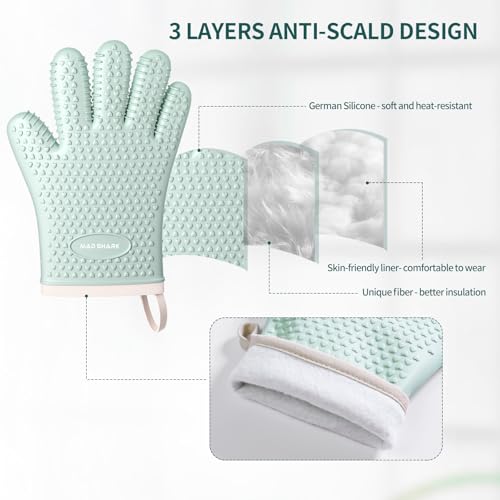 MAD SHARK Silicone Oven Mitts Heat Resistant 450 Degrees,Waterproof & Non-Slip Oven Gloves with Fingers,Cotton Lined Silicone Oven Gloves Kitchen Mitts for Baking Cooking Barbecue,Women (Green) - Image 5