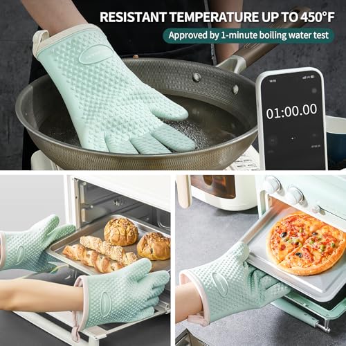 MAD SHARK Silicone Oven Mitts Heat Resistant 450 Degrees,Waterproof & Non-Slip Oven Gloves with Fingers,Cotton Lined Silicone Oven Gloves Kitchen Mitts for Baking Cooking Barbecue,Women (Green) - Image 2