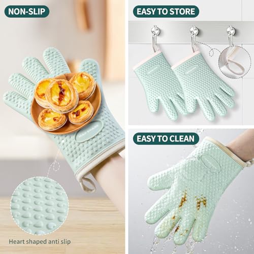 MAD SHARK Silicone Oven Mitts Heat Resistant 450 Degrees,Waterproof & Non-Slip Oven Gloves with Fingers,Cotton Lined Silicone Oven Gloves Kitchen Mitts for Baking Cooking Barbecue,Women (Green) - Image 4