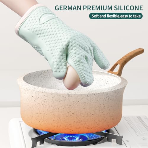MAD SHARK Silicone Oven Mitts Heat Resistant 450 Degrees,Waterproof & Non-Slip Oven Gloves with Fingers,Cotton Lined Silicone Oven Gloves Kitchen Mitts for Baking Cooking Barbecue,Women (Green) - Image 3