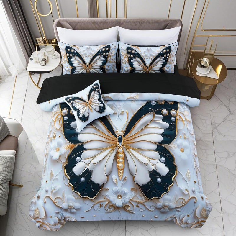 A Nice Night Full 6pcs Bed in A Bag Black and Glod Dreamy 3D Butterfly Printed Butterflies Bedding Full Comforter Set for Girls Kids Teens