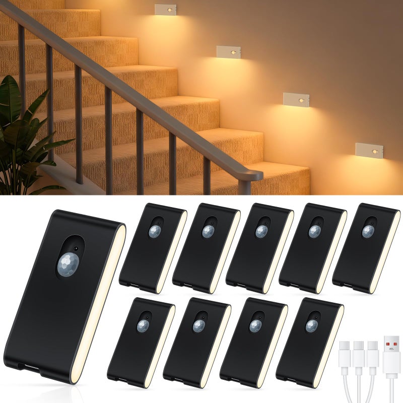 WILLED Stair Lights Indoor, Warm White Rechargeable Night Light, Wireless Motion Sensor Light Indoor for Stairs, Hallway, Stairway, Bathroom, Bedroom, Kitchen, 10 Pack - Image 1