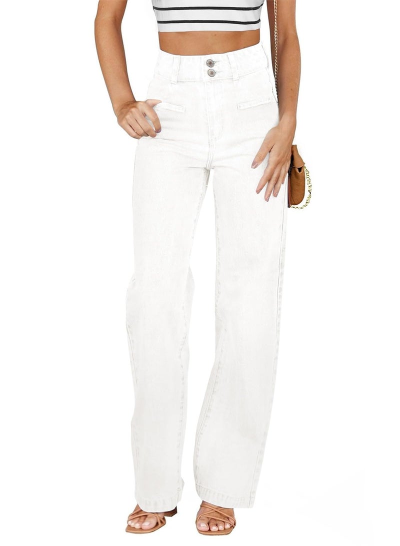 Sidefeel Jeans for Women Trendy Stretchy High Waisted Wide Leg Jeans Straight Leg Loose Denim Pants White Size 4 - Image 1