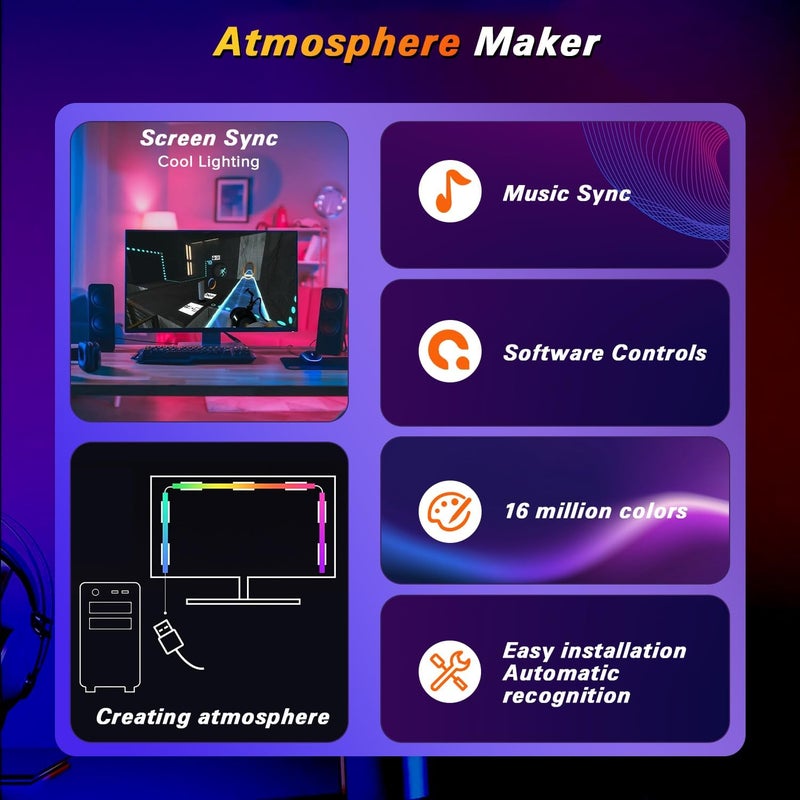 Yakiter Gaming RGB Backlight for Computer Monitor, LED Strip Light Sync with Screen Color & Music for Games Movies etc,Software Control,USB Powered (27 Inch 4 Sides) - Image 4