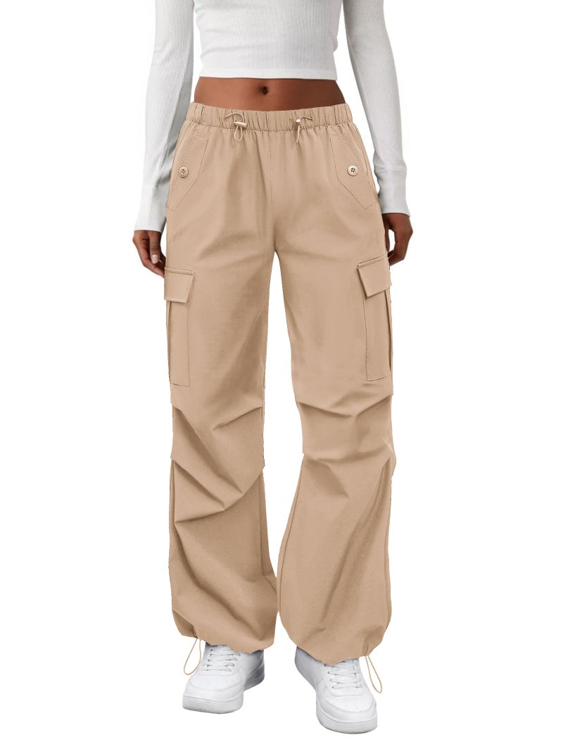 COPYLEAF Cargo Pants Women Elastic Waisted Parachute Hiking Pants with Pockets Water Resistant Lightweight Baggy Pants(Light Khaki L) - Image 1