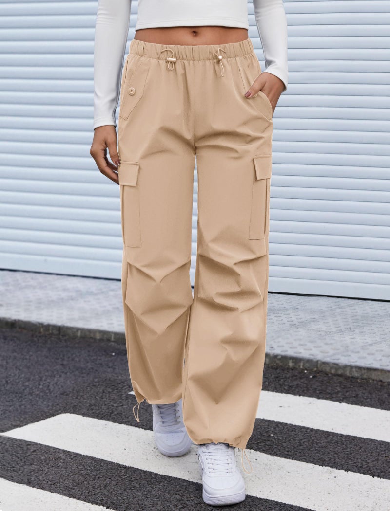 COPYLEAF Cargo Pants Women Elastic Waisted Parachute Hiking Pants with Pockets Water Resistant Lightweight Baggy Pants(Light Khaki L) - Image 2