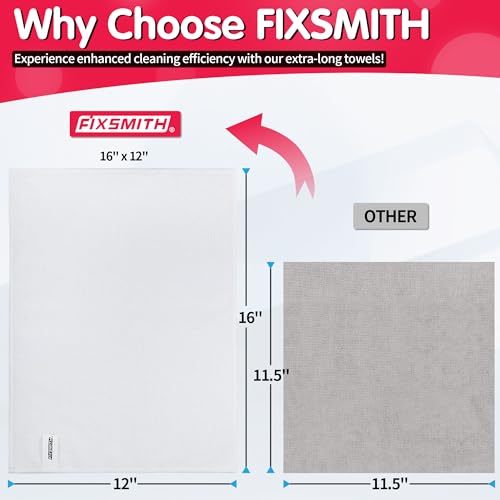 FIXSMITH قطعة قماش تنظيف ميكروفايبر بيضاء عبوة من 12 قطعة قماش تنظيف عالية الامتصاص 16X12 مناشف تنظيف متعددة الاستخدامات للتنظيف المنزلي والمطبخ والسيارة خالية من الوبر وقابلة لإعادة الاستخدام - Image 5