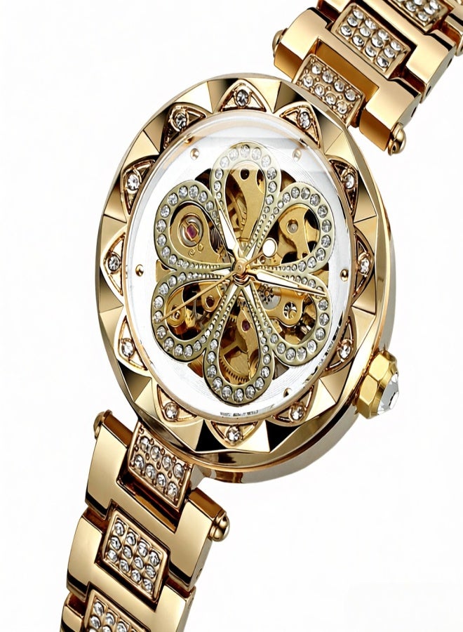 فورسينينج ساعة نسائية أوتوماتيكية ميكانيكية بسوار من الفولاذ المقاوم للصدأ، تصميم كلاسيكي مجوف، شاشة مضيئة، ساعة يد أنيقة - Image 3