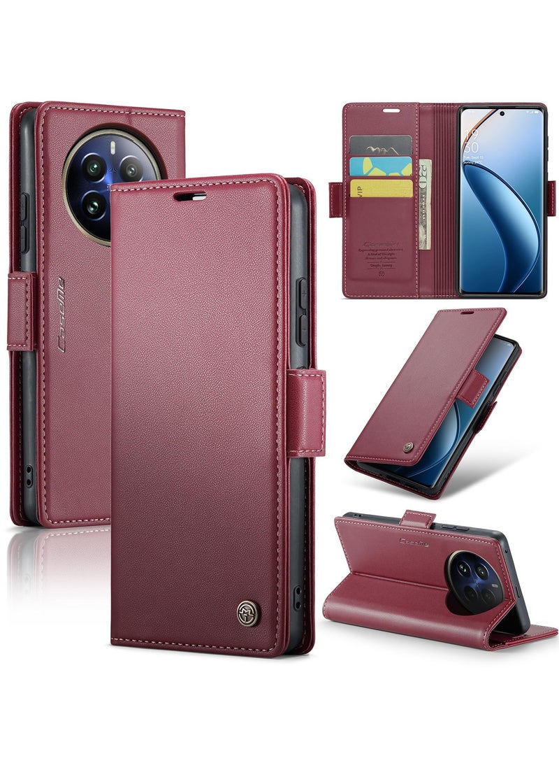 CaseMe Phone Case Luxury PU Leather Design Anti Fingerprint 023 Flip Cover Card Slot Holder Cover For Realme 12 Pro/Realme 12 Pro Plus/Realme P1 Pro (Red) - Image 1
