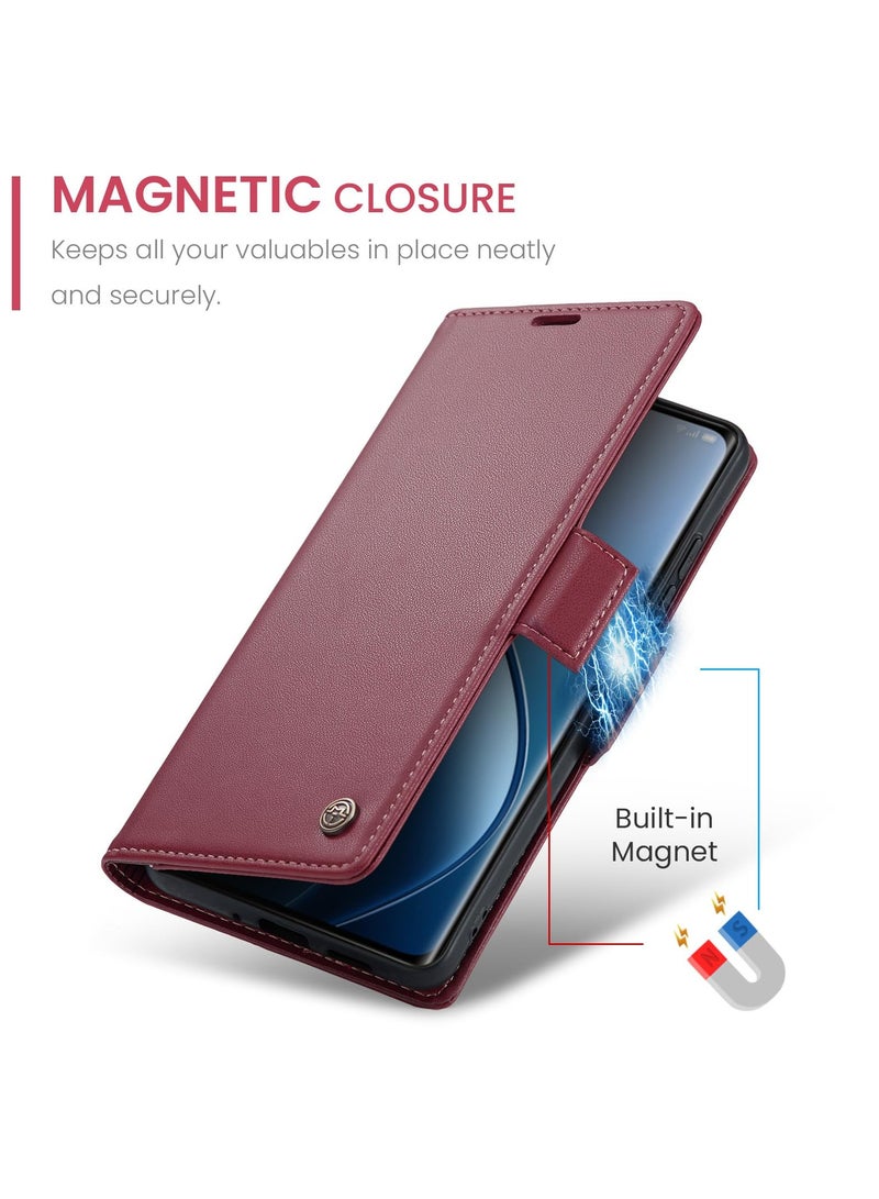 CaseMe Phone Case Luxury PU Leather Design Anti Fingerprint 023 Flip Cover Card Slot Holder Cover For Realme 12 Pro/Realme 12 Pro Plus/Realme P1 Pro (Red) - Image 5
