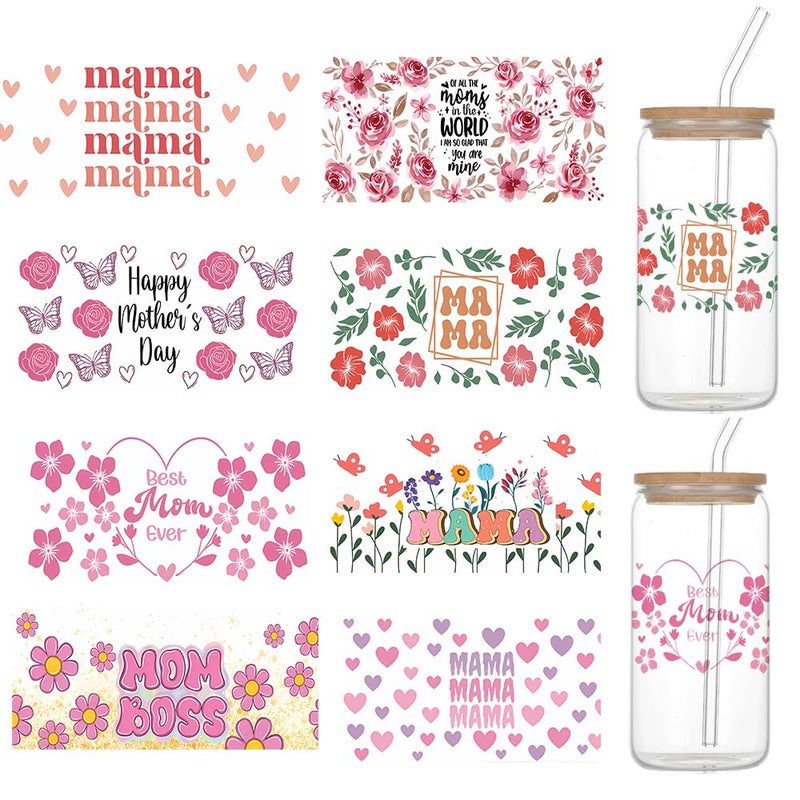8 Sheets Mom UV DTF Transfer Cup Wraps for Glass Mothers Day UV DTF Wraps Sticker for 16 oz Glass Cups DIY Wood Crafts Water Bottles