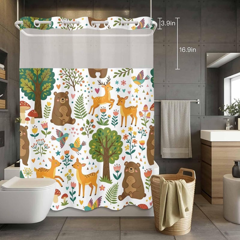 No Hook Shower Curtain and Liner Set, Forest Animals Snap in Shower Curtain Set, Cartoon Cute Sika Deer Bears Botanical Waterproof Fabric Bathroom Curtain with See Through Top Window 48"x72" - Image 4