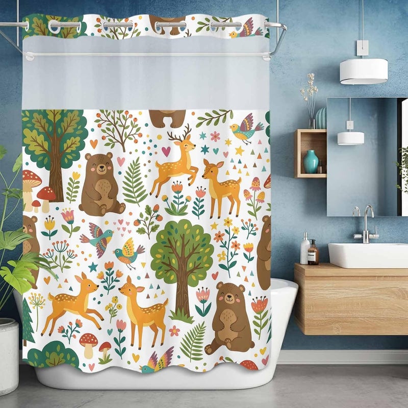 No Hook Shower Curtain and Liner Set, Forest Animals Snap in Shower Curtain Set, Cartoon Cute Sika Deer Bears Botanical Waterproof Fabric Bathroom Curtain with See Through Top Window 48"x72" - Image 5