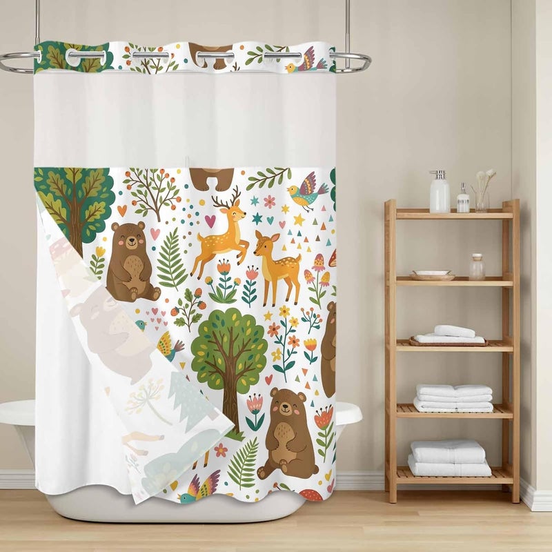 No Hook Shower Curtain and Liner Set, Forest Animals Snap in Shower Curtain Set, Cartoon Cute Sika Deer Bears Botanical Waterproof Fabric Bathroom Curtain with See Through Top Window 48"x72" - Image 2