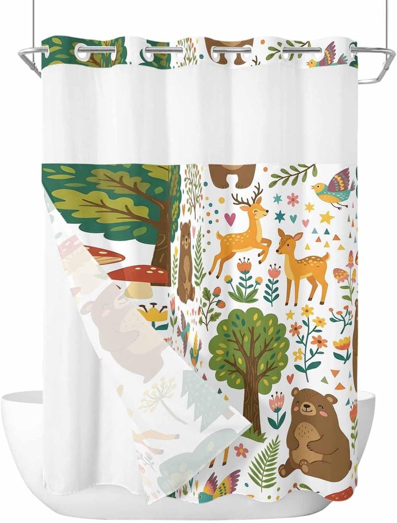 No Hook Shower Curtain and Liner Set, Forest Animals Snap in Shower Curtain Set, Cartoon Cute Sika Deer Bears Botanical Waterproof Fabric Bathroom Curtain with See Through Top Window 48"x72" - Image 1