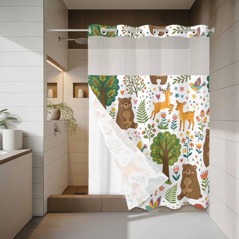 No Hook Shower Curtain and Liner Set, Forest Animals Snap in Shower Curtain Set, Cartoon Cute Sika Deer Bears Botanical Waterproof Fabric Bathroom Curtain with See Through Top Window 48"x72" - Image 3