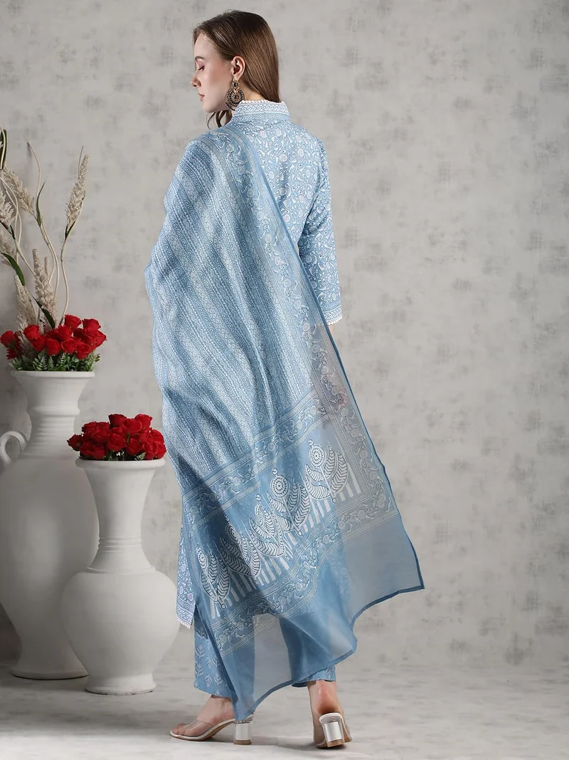 GoSriKi Women's Rayon Blend Straight Printed Kurta with Pant & Dupatta Blue