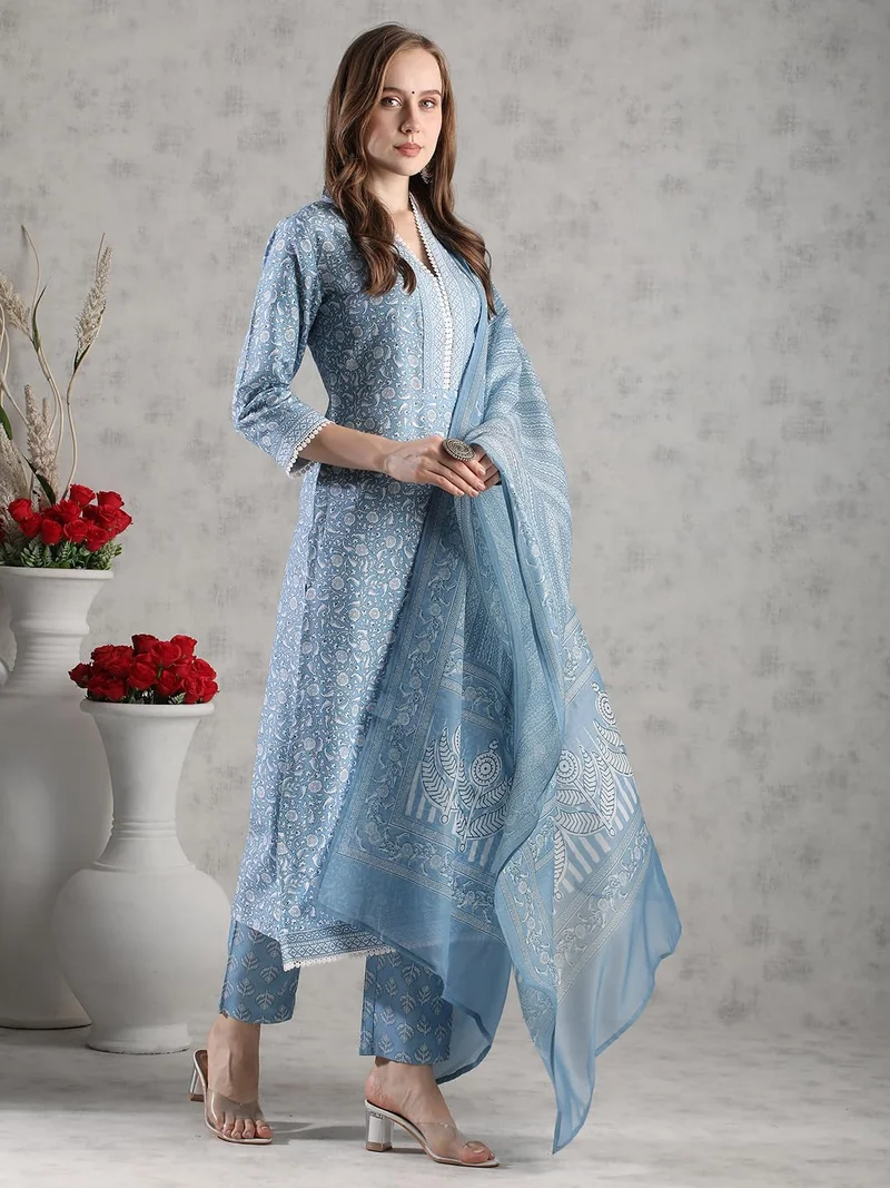 جو سريكي كورتا مستقيمة مطبوعة من GoSriKi بمزيج الرايون النسائي مع بنطال ودوباتا (SONEVA BLUE-VKS02-GS_5XL_Blue_XXXXX-Large)