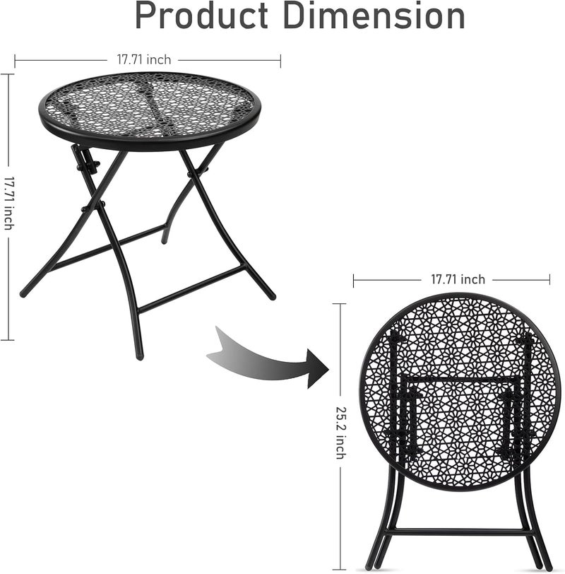 TeoKJ Outdoor Side Table, Round Folding Small Patio Table, Punched Design Weather Resistant Metal End Table for Patio Porch Yard Balcony, Black - Image 3