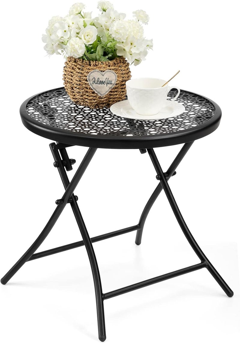 TeoKJ Outdoor Side Table, Round Folding Small Patio Table, Punched Design Weather Resistant Metal End Table for Patio Porch Yard Balcony, Black - Image 1