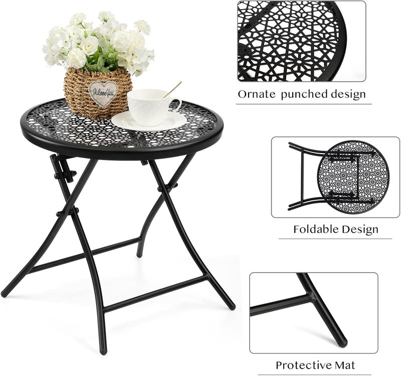 TeoKJ Outdoor Side Table, Round Folding Small Patio Table, Punched Design Weather Resistant Metal End Table for Patio Porch Yard Balcony, Black - Image 5
