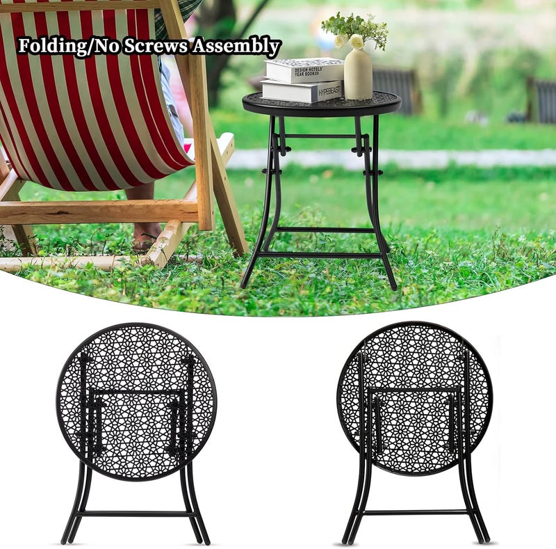 TeoKJ Outdoor Side Table, Round Folding Small Patio Table, Punched Design Weather Resistant Metal End Table for Patio Porch Yard Balcony, Black - Image 4