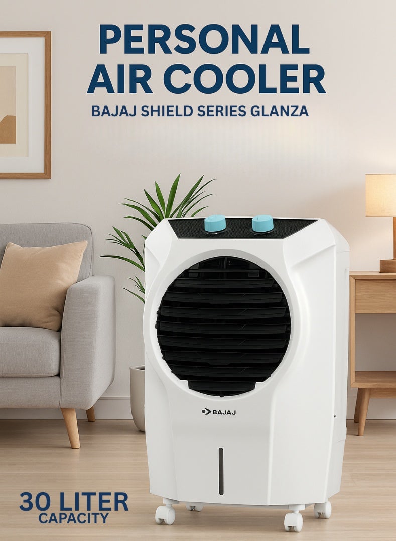 Bajaj Shield Series Glanza 30 Litres Personal Air Cooler – Compact & Stylish Cooler with Honeycomb Pads, Turbo Air Throw, Ice Chamber, Inverter Compatible, Energy Efficient Cooling for Bedrooms & Offices 480165 white - Image 1