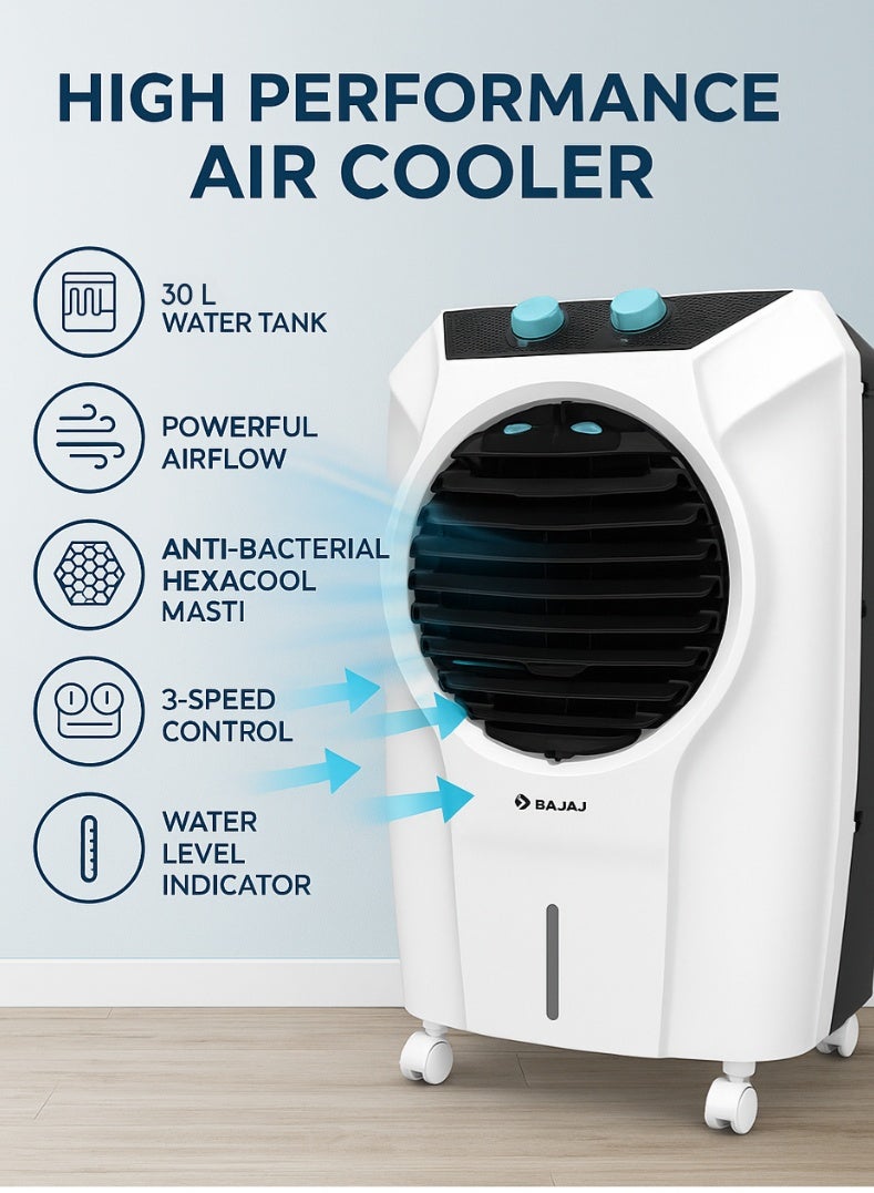 Bajaj Shield Series Glanza 30 Litres Personal Air Cooler – Compact & Stylish Cooler with Honeycomb Pads, Turbo Air Throw, Ice Chamber, Inverter Compatible, Energy Efficient Cooling for Bedrooms & Offices 480165 white - Image 3