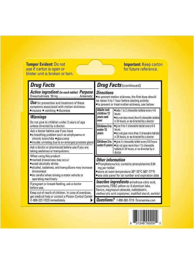 Med Tech Products Dramamine Motion Sickness Relief Chewable Tablets, 50 mg, Orange Flavored 8 Tabs (Pack of 1)