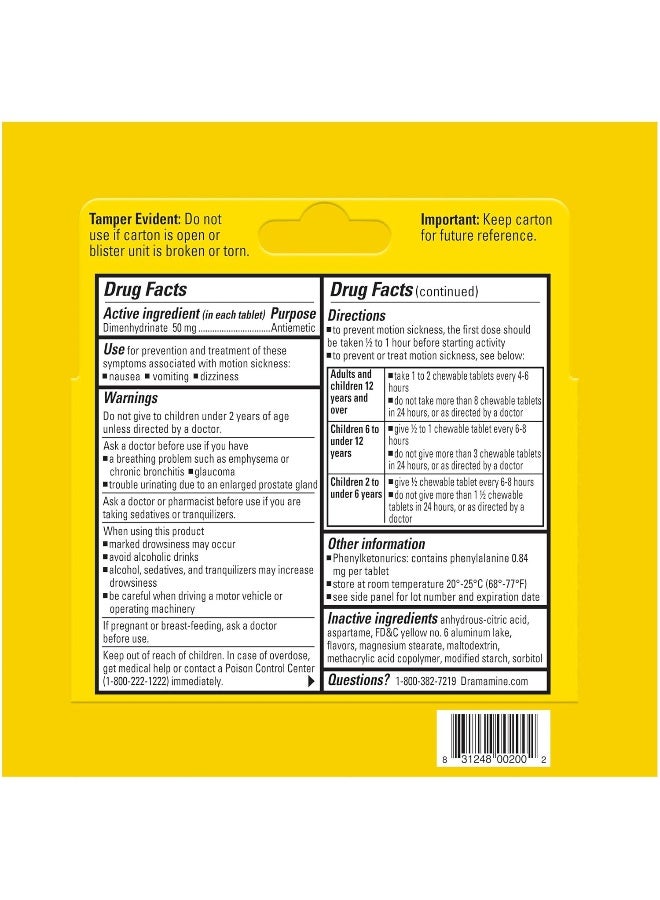 Med Tech Products Dramamine Motion Sickness Relief Chewable Tablets, 50 mg, Orange Flavored 8 Tabs (Pack of 1)