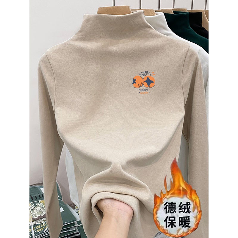 Children's Velvet Semi-high Collar T-shirt New All-match Spring and Autumn Girls Cartoon Printed Children's Long-sleeved T-shirt Trendy Base Shirt - Image 1
