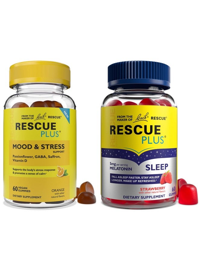 RESCUE Bach Plus Sleep Gummies with 5mg Melatonin/dose [and] Bach Plus Mood & Stress Support Gummies with Key Nutrients and Botanicals - 2PK Dietary Supplements, 60Ct Each - Image 1