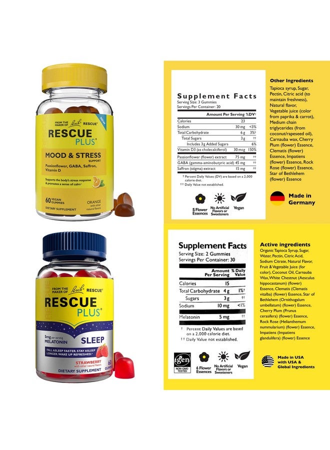 RESCUE Bach Plus Sleep Gummies with 5mg Melatonin/dose [and] Bach Plus Mood & Stress Support Gummies with Key Nutrients and Botanicals - 2PK Dietary Supplements, 60Ct Each - Image 3