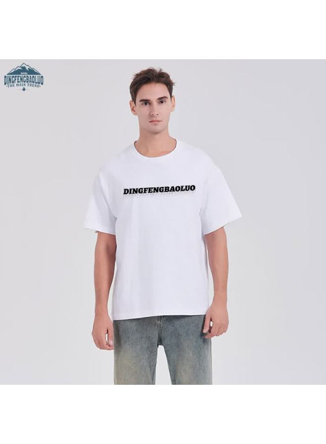 Dingfengbaoluo Pure Cotton Short-sleeve Men's Summer Loose Casual T-shirt, Versatile Couple Outfit Top Df016 White S - Image 1