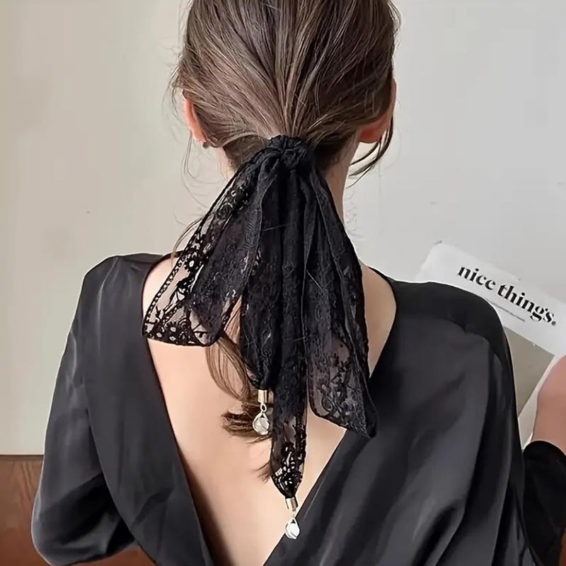 French Floral Lace Headband Bandana Vintage Black Beaded Headscarf for Women - Image 5