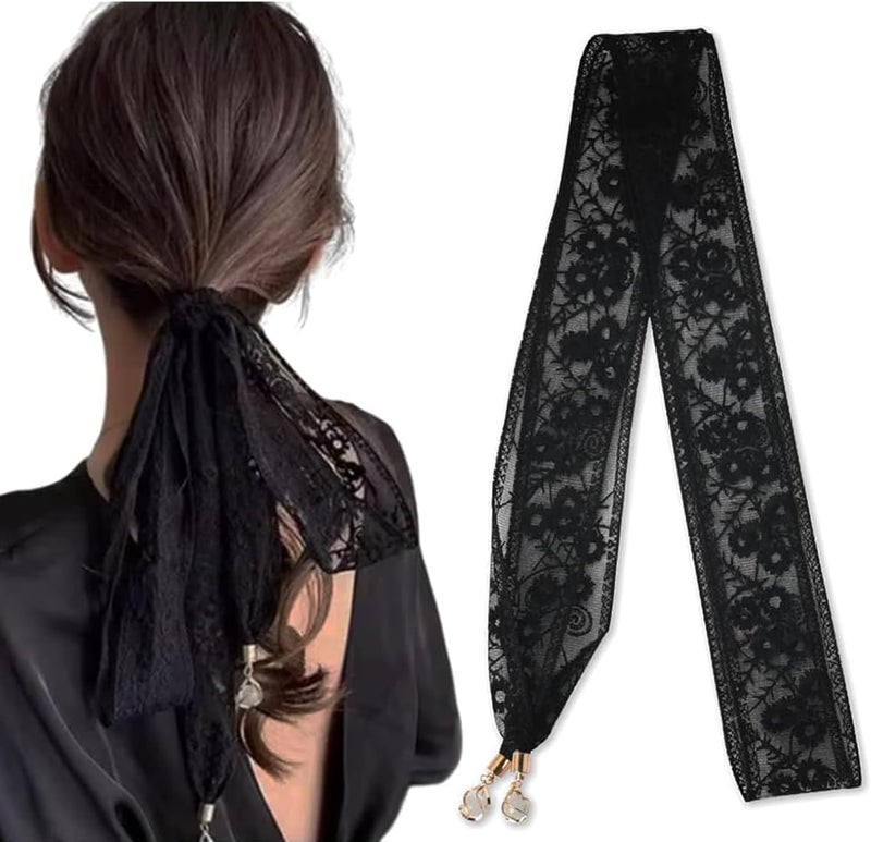 French Floral Lace Headband Bandana Vintage Black Beaded Headscarf for Women - Image 1