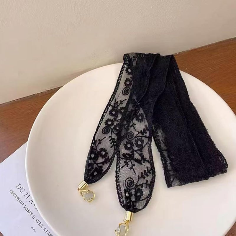 French Floral Lace Headband Bandana Vintage Black Beaded Headscarf for Women - Image 2