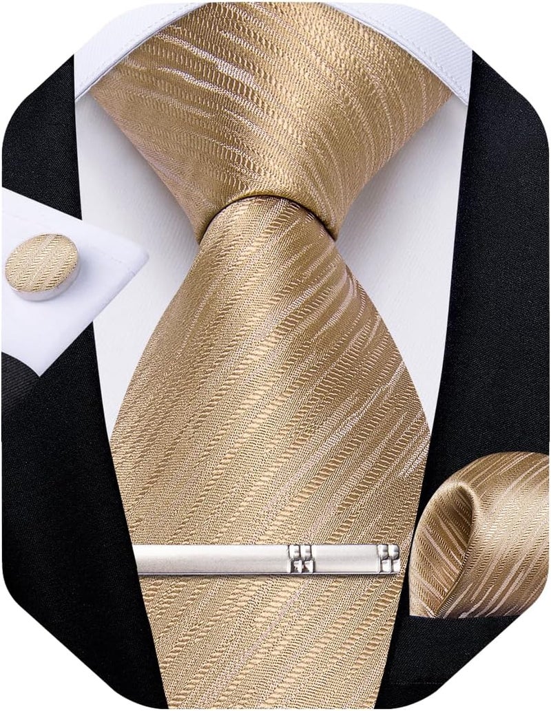 DiBanGu Mens Silk Necktie Solid Color Tie and Pocket Square Cufflink Tie Clip Set Woven Plain Ties for Men Wedding Party - Image 1