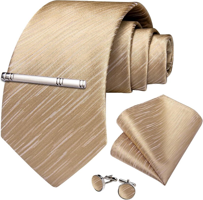 DiBanGu Mens Silk Necktie Solid Color Tie and Pocket Square Cufflink Tie Clip Set Woven Plain Ties for Men Wedding Party - Image 3